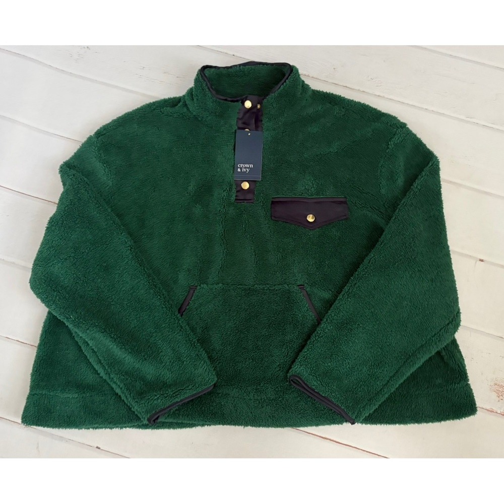 Crown & Ivy Sweater Women Large Sherpa Snap Pile Fleece Mock Neck Pullover xxl
